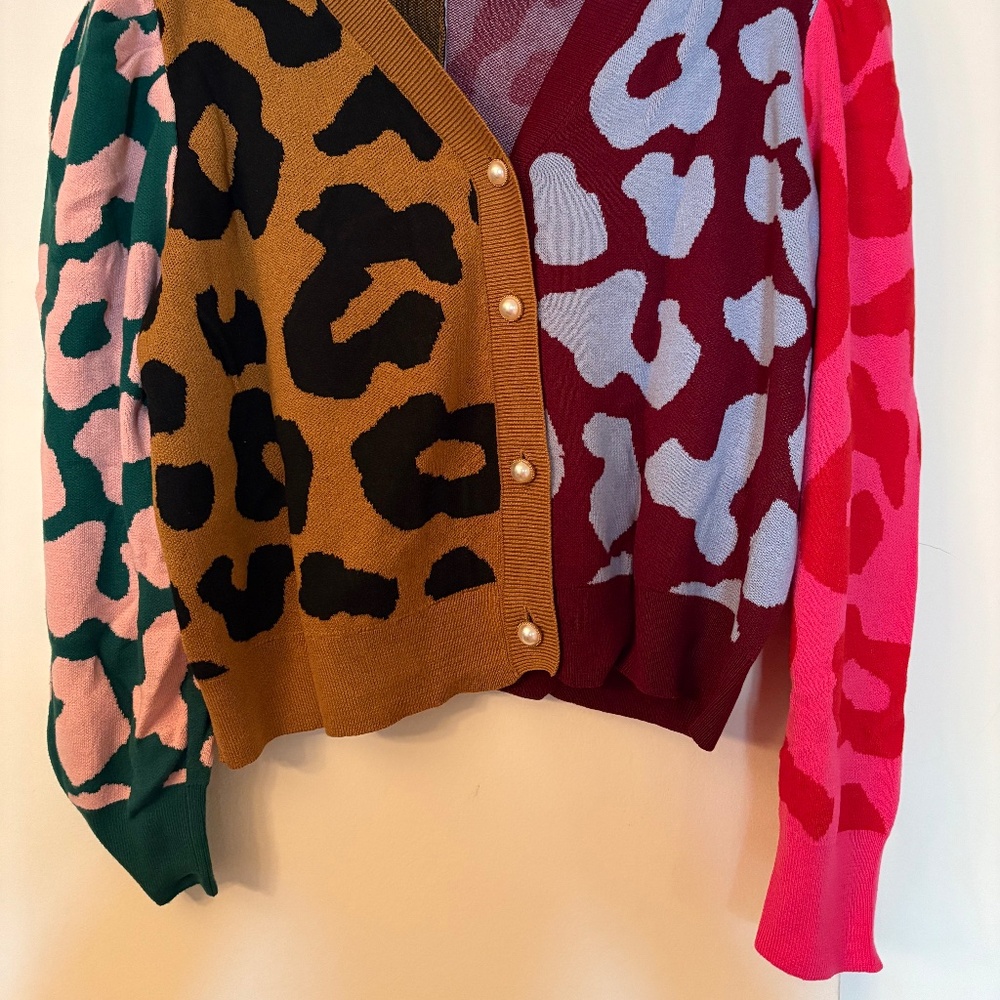 Jovie Cashmere Blend Intarsia Knit Color Block Leopard V-Neck Long Sleeve Button - Picture 4 of 6